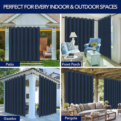 PureFit Outdoor Curtains for Patio Waterproof Weatherproof, UV Resistant Outside Curtains for Gazebo, Front Porch, Pergola, Sun Blocking Privacy Curtain, 120W x 84L inch, 1 Panel, Navy Blue