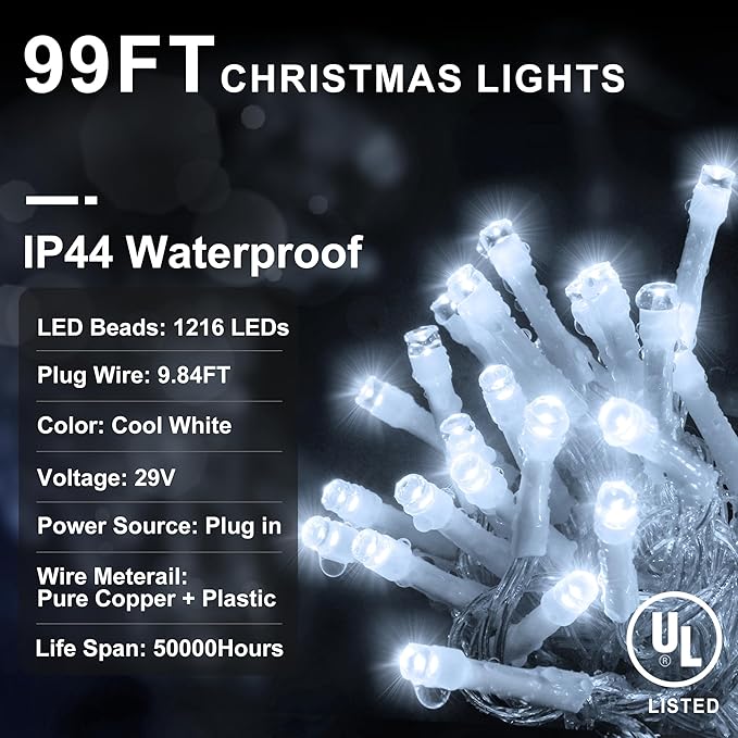 String Lights 100ft, 1216 LED Cool White, 8 Lighting Modes, IP44 Outdoor