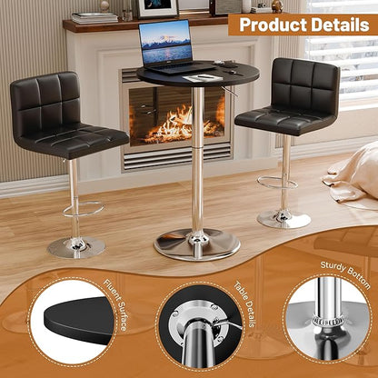 Flamaker Round Bistro Pub Table 23.6 Inch Height Adjustable 360° Swivel Bar Table Metal Base for Pub, Dining Room, Party (2, Black-Silver)