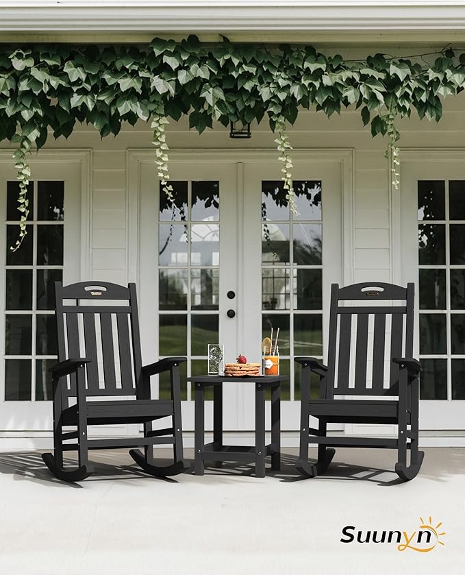 Rocking Chairs Set of 2, Black Outdoor Chairs with 30-Inch High Back