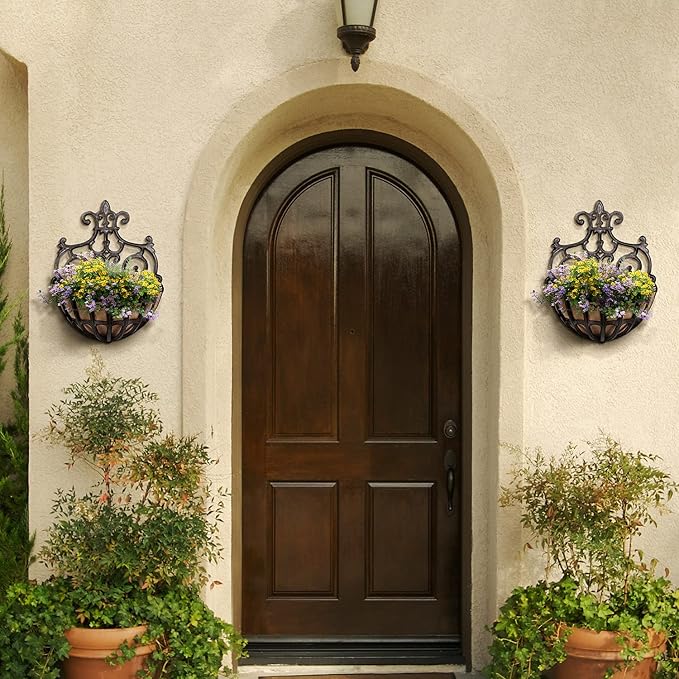 Hanging Planters 2 Pack, Rustic Brown Cast Iron Wall Baskets