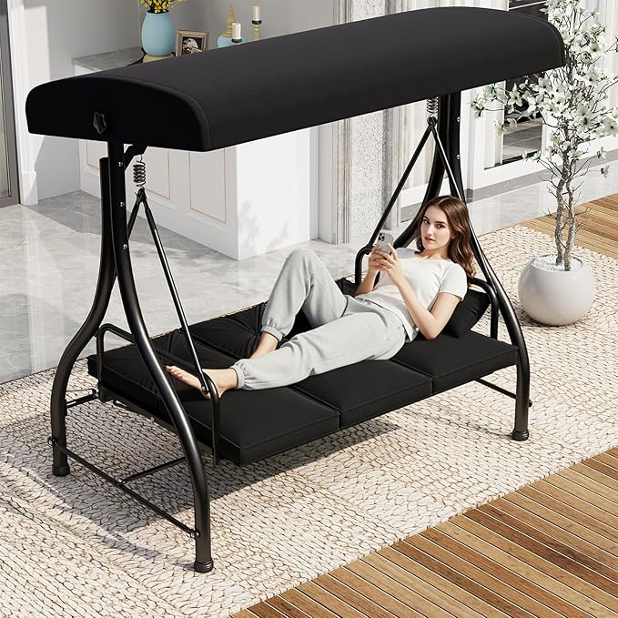 U-MAX Porch Swing Chair with Adjustable Backrest&Canopy, 3 Seat Patio Swing with Canopy 2-in-1 Convertible Outdoor Swing with Canopy Patio Daybed with Removable Black Cushions for Adults