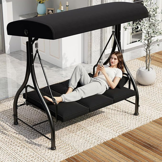 U-MAX Porch Swing Chair with Adjustable Backrest&Canopy, 3 Seat Patio Swing with Canopy 2-in-1 Convertible Outdoor Swing with Canopy Patio Daybed with Removable Black Cushions for Adults
