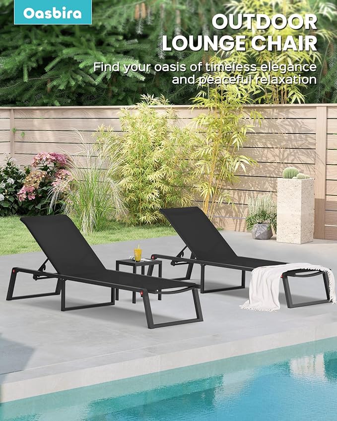Aluminum Chaise Lounge Chair Outdoor, Foldable & Assembly Free Patio Pool Lounge Chairs 5-Position Recliner for Outside Poolside, Fully Grounded Legs Sun Lounger for Beach, Yard, Black