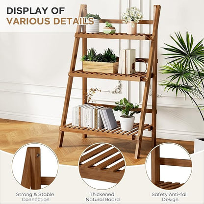 39.4" Bamboo Ladder Shelf Plant Shelf, 3 Tier Foldable Ladder Flower Pot Display Shelf Rack, 23.6"W x 15"D x 39.4"H, Freestanding Bookshelf for Garden, Balcony, Yard, Patio, Lawn, Living Room, Walnut