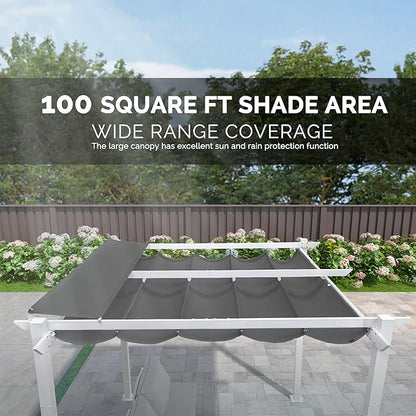 PURPLE LEAF 10' x 10' Outdoor Aluminum Pergola White Heavy-Duty Retractable Pergola Patio Metal with Double Sun Shade Canopy for Backyard Gardens Deck, Grey