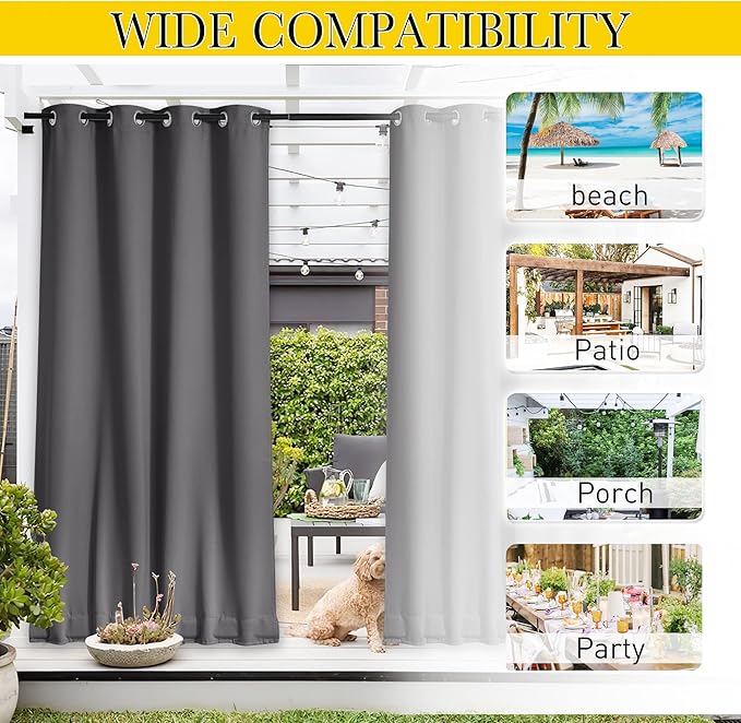 NICETOWN 2 Panels Outdoor Curtains for Patio Waterproof & Windproof, Grommet & Back Tab on Top & Bottom Weighted Drapes Cold & Heat Blocking with Bouns Rope for Gazebo, Grey, W84 x L108