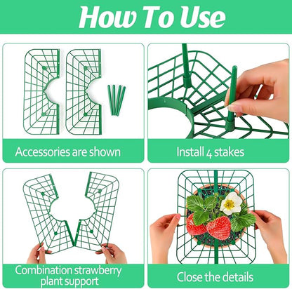 6 Sets Strawberry Plant Support with Mesh Cover - Square Gardening Frame, Animal Barrier, Iron Stakes & Storage Bag for Healthy Strawberries, Tomatoes, Veggies (Green) (6 pcs)