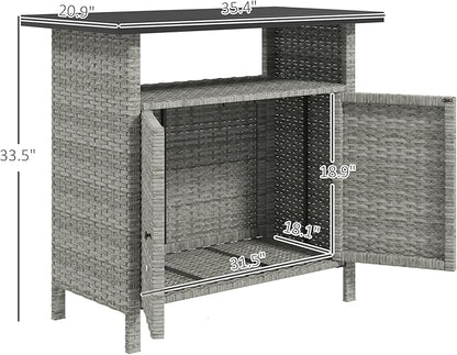 Outsunny Wicker Outdoor Storage Cabinet, Rattan Outdoor Bar Table with 2 Doors and Shelf, Outdoor Buffet Cabinet Sideboard with Metal Slatted Countertop for Poolside, Patio, Backyard, Gray