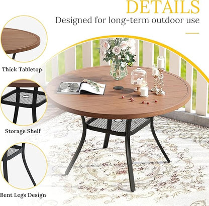 VICLLAX Patio Dining Set for 6, All Weather Metal Outdoor Furniture Set- 47" Round Patio Table and Chairs, Walnut Tabletop and Brown Fabric