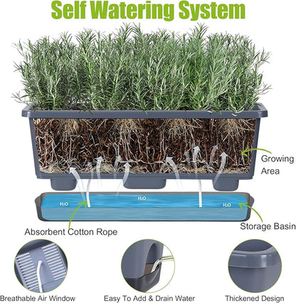 Window Box Planter 4 Packs, 17 Inches Rectangle Flower Pots with Drainage Holes & Trays, Pots for Vegetables, Herbs, Flowers, Garden Windowsill Balcony (Grey, 17 * 5.1 * 6 inch)
