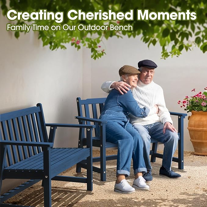 Ciokea 48" Outdoor Bench Set of 2, HDPE Weatherproof Garden Bench, 2-Person Memorial Benches with 550 Lbs, Waterproof Patio Porch Benches for Outside Business Deck Office Backyard Balcony, Navy Blue
