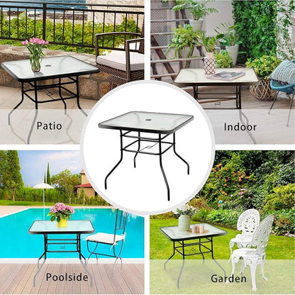 Tangkula 32" Square Outdoor Dining Table with Tempered Glass Top, Outside Bistro Table with 2" Umbrella Hole & Metal Frame, Patio Dining Table for Backyard, Lawn, Deck & Poolside