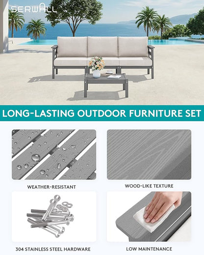 SERWALL HDPE Patio Furniture Set, 4 Pieces Outdoor Sectional Sofa Set, All-Weather Wood-Like Outdoor Sofa Couch with Coffee Table for Deck, Lawn, Grey Frame with Khaki Cushion