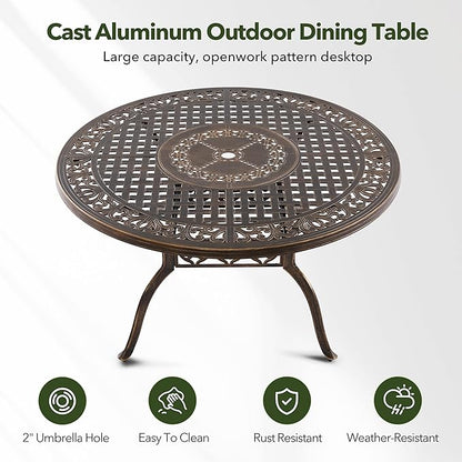 Outdoor Patio Dining Table - All-Weather Cast Aluminum 54.5" x 28.5“ Round Patio Table with 2" Umbrella Hole for Balcony Lawn Garden Backyard