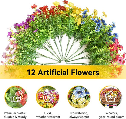 ZeeDix 16 Inch Artificial Flowers Hanging Railing Window Planter Box, 12 Pcs UV Resistant Fake Look Real Flowers with Heart-Shaped Deck Railing Planter Boxes for Porch Patio Balcony Garden Home Decor