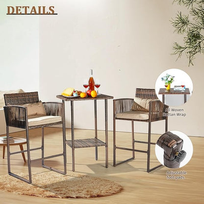 VINGLI 3 PCS Patio Bar Set Wicker, Outdoor Bar Table and Bar Stools with Storage Shelf and Cushions, Bar Height Outdoor Table and Chairs Wicker Furniture