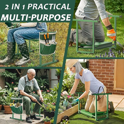 FLINTER Garden Kneelers Seat, Stable and Save Tip-Resistant Design 10.2" Wider Garden Kneeler and Seat with Handle, Heavy Duty Gardening Stool for Seniors, Gardening Weeding Bench for Parents - Green