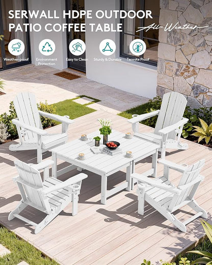 SERWALL Outdoor Coffee Table with 1.69" Umbrella Hole, HDPE Patio Coffee Table for Outside, Rectangle, White