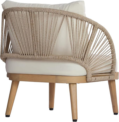 Merax 4-Piece Acacia Wood Patio Conversation Set - Curved Tub Loveseat & Chairs with Woven Rope Accents,Slatted Coffee Table & Weather-Resistant Cushions for Outdoor Deck,Garden or Balcony,Teak+ Beige