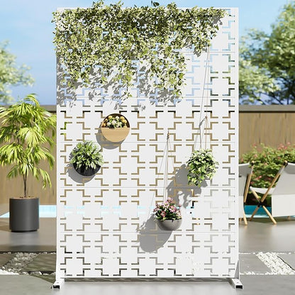 Casaphoria Metal Privacy Screen Outdoor, 72" H x 47" W Freestanding Decorative Privacy Screen for Patio Deck Balcony Garden with Stable Base, White Square