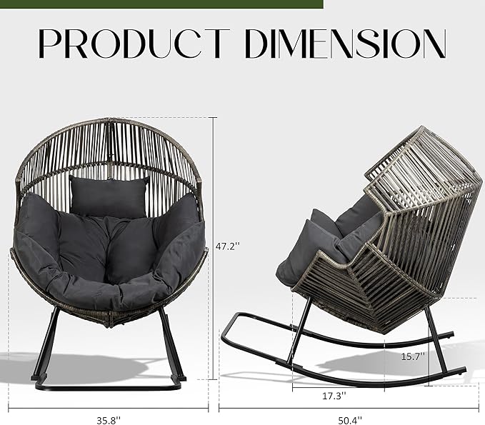 JAMFLY Egg Chair Rocking Chairs, Wicker Patio Chair Oversized Lounger Chair with Cushion for Indoor Living Room Bedroom Outdoor Patio Backyard Balcony Garden, Dark Gray