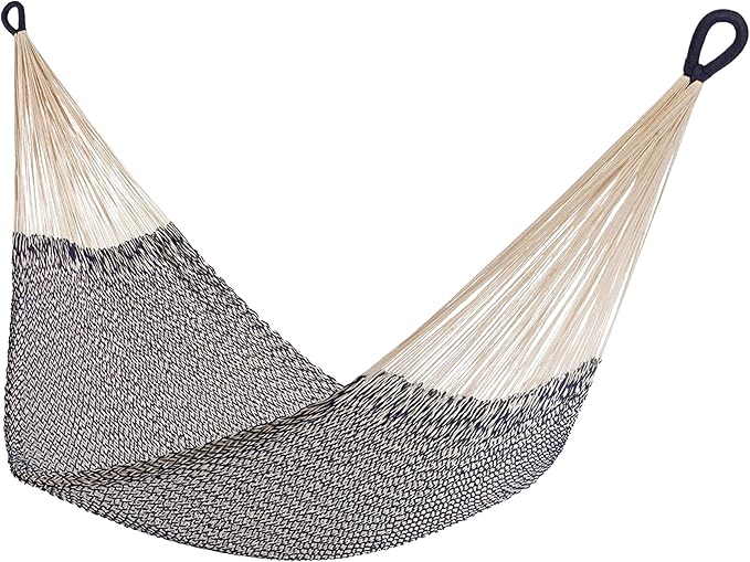 Handwoven Cotton Rope Hammock by Yellow Leaf Hammocks - Double Size, Fits 1-2 PPL, 400lb max - 100% Natural Cotton, Easy to Hang, Artisan Made - Color: Navy Blue - Off White