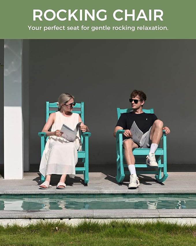 Rocking Chair for Outdoors, Lake Blue HDPE with 30-Inch High Back