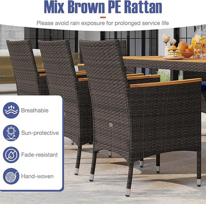 Tangkula 9 Pieces Rattan Outdoor Dining Set for 8, Outdoor Acacia Wood Table Set with 8 Cushioned Wicker Chairs, Umbrella Hole, Patio Dining Furniture Set for Deck Pool Backyard