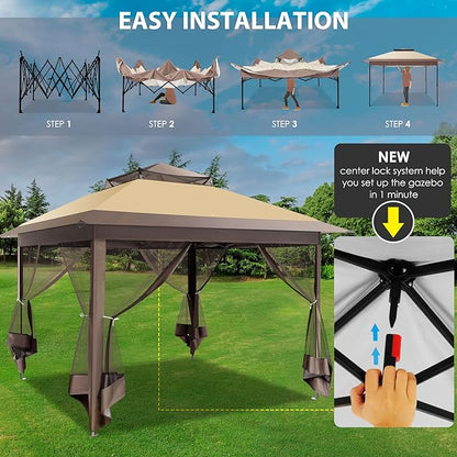 COBIZI 11x11 FT Pop up Gazebo Canopy Tent - Outdoor pop up gazebos on Clearance,carpas para Patio,Shelter - Screen Tents with Portable Carry Bag,Patio Gazebos for Camping,Garden,Deck,Backyard,Brown