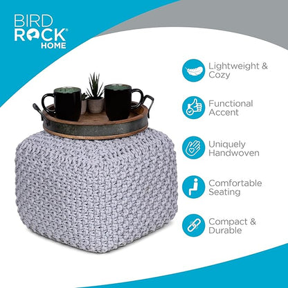 BIRDROCK HOME Square Pouf Ottoman | Cotton Braided Foot Stool with Bean Bag Filling | Boho Foot Rest for Living Room, Bedroom | Compact & Comfortable Seating, Lightweight & Sturdy | Grey