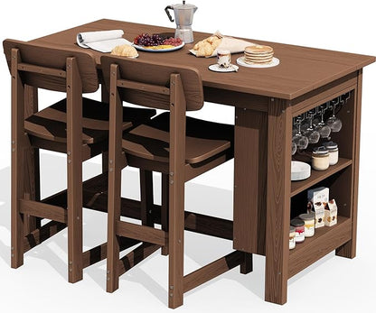 SERWALL 3-Piece Outdoor Counter Height Bar Set, HDPE Patio Bar Table with Wine Rack & Storage Shelf, 2 All-Weather Bar Stools, Patio Bar Dining Furniture Set for 3, Brown