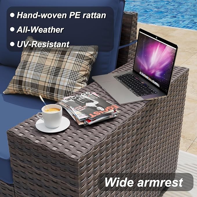 ALAULM 10 Pieces Patio Furniture Set with 2 Swivel Chairs Patio Furniture Outdoor Sectional Sofas with 55000 Gas Fire Pit Patio Conversation Set w/7 Cushions-Dark Blue