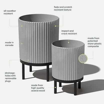 Veradek Demi Series Round Planter w/Stand for Porch/Patio | Durable Plastic-Stone Composite & Wooden Stand | Modern Décor for Tall Plants, Flowers