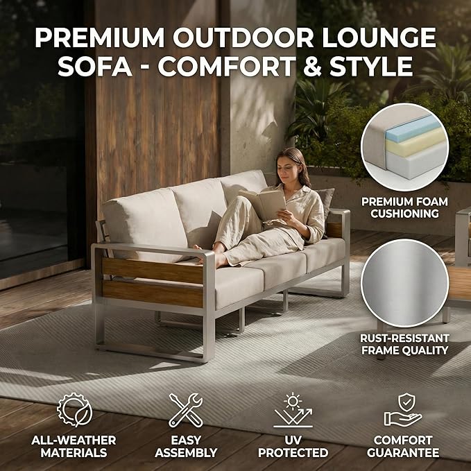 ZANDOR Outdoor Aluminum Patio Furniture - 1 Pcs 3-Seat, All-Weather Metal Modern Outside Sofa with Washable Thick Cushion for Garden/Backyard/Porch, Silver