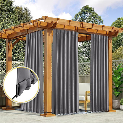 NICETOWN 2 Panels Outdoor Curtains for Patio Waterproof & Windproof, Rod Pocket & Back Tab on Top & Bottom for Privacy and Wind Resistant for Pergola, Free Rope Included, Grey, W52 x L84 per Panel