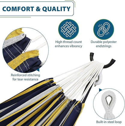 Vivere Double Cotton Hammock with Space Saving Steel Stand, Upgraded Polyester End Strings 450 lb Capacity - Premium Carry Bag Included -(Serenity)
