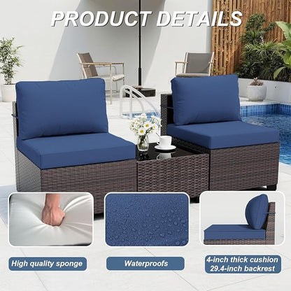 ALAULM Patio Furniture Set with Coffee Table, 7 Pieces Outdoor Sectional with Wide Seat and Thick Cushion, All Weather Wicker Rattan Conversation Set for Backyard, Garden, Deck, NavyBlue