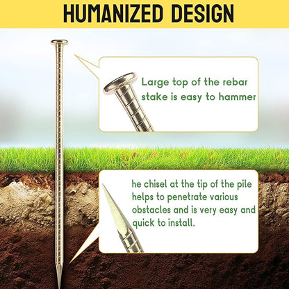 16 Inch Rebar Stakes - 1/2 Inch Diameter Galvanized Steel Ground Anchors - Heavy Duty Plant Support Garden Stake for Speed Bump, Wheel Stop, Tent (20 Pack)