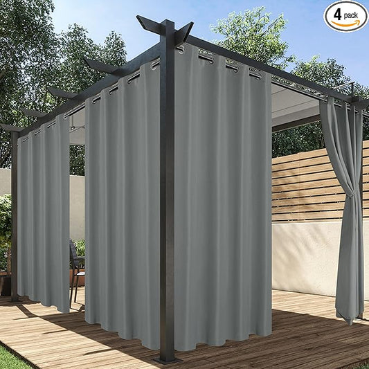 HolidayIdeas Outdoor Curtains for Patio Waterproof, 4 Panels - 54 x 108 Inch - Privacy Protection & Light Filtering Curtains Grey Grommet Outside Curtains for Porch, Gazebo, Pergola, Backyard