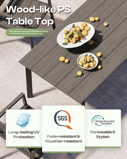67" Rectangle HDPS Patio Dining Table, Aluminum Outdoor Patio Dining Table with Umbrella Hole, Weather-Resistant for Lawn, Garden, Yard, Poolside and Indoor Use (Gray & Teak)