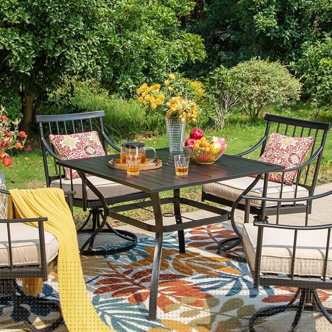 PHI VILLA 37" Patio Table for 4, Metal Outdoor Dining Table with E-Coating, Square Steel Slated Outdoor Table with 1.57" Umbrella Hole for Garden Backyard, Black