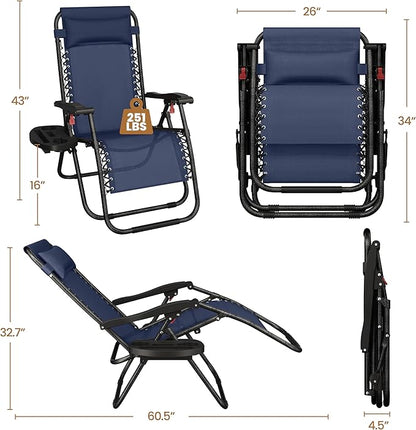 Yaheetech Zero Gravity Recliners Outdoor Adjustable Folding Reclining Lounge Chairs w/Pillows, Cup Holder Trays and Carry Strap for Patio Backyard Beach Navy Blue Set of 2