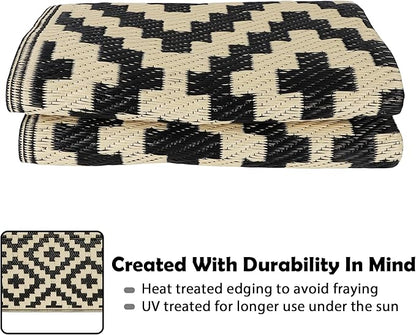 SAND MINE Reversible Mats, Plastic Straw Rug, Modern Area Rug, Large Floor Mat and Rug for Outdoors, RV, Patio, Backyard, Deck, Picnic, Beach, Trailer, Camping (3' x 5', Black & Beige Lattice)