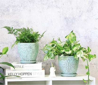 6 Inch Retro Ceramic Planter Set of 2 with Drainage Hole and Saucer for Plants, Indoor-Outdoor Garden Pots for Succulent, Orchid, and Flower (Fits Inner Pots Up to 5 Inches, Retro Green)