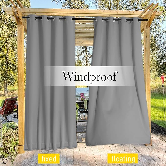 NICETOWN 2 Panels Weighted Outdoor Curtains for Patio Waterproof, Top & Bottom Grommet & Back Tab Fixed Outdoor Curtains Windproof Drapes Thermal Insulated for Gazebo, W84 x L84, Light Grey