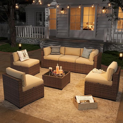 Aoxun Patio Furniture Sets, 7-Piece Outdoor Patio Furniture with Thick Cushions, Wicker Outdoor Conversation Set Sectional Sofa for Backyard, Poolside, Garden(Cream-Browm, 7 x 25.6 - Seats)