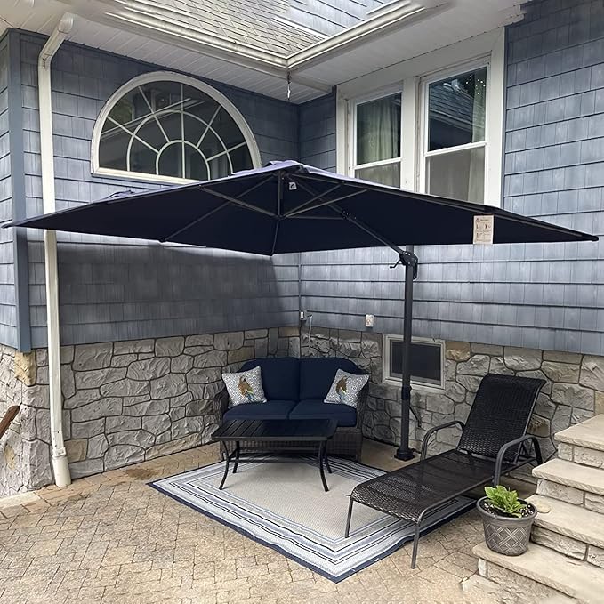 PURPLE LEAF 9' X 11.5' Patio Umbrella Outdoor Cantilever Rectangle Umbrella Aluminum Offset Umbrella with 360-degree Rotation for Garden Deck Pool Patio, Navy Blue