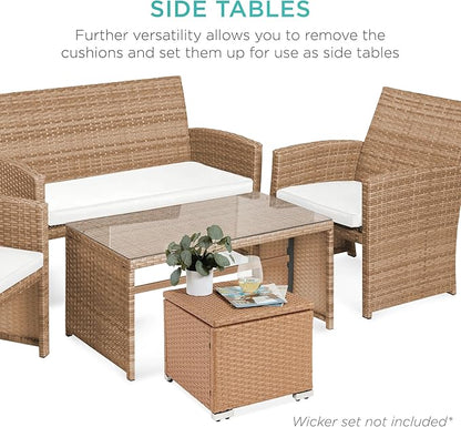 Best Choice Products Set of 2 Wicker Ottomans, Multipurpose Outdoor Furniture for Patio, Backyard, Additional Seating, Footrest, Side Table w/Storage, Removable Cushions - Natural/Ivory