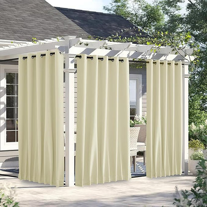 NICETOWN 2 Panels Outdoor Curtains for Patio Waterproof & Windproof, Thermal Insulated Top & Bottom Grommet & Back Tab Sun Blocking Outdoor Drapes with Fixed Rope for Gazebo, Beige, W66 x L90